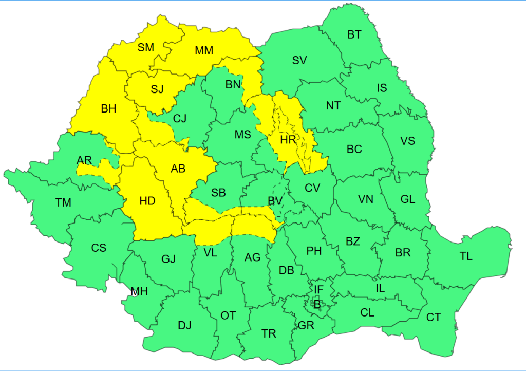 Cod galben in Bihor pe 8 septembrie ploi toreniale vijelii si grindina